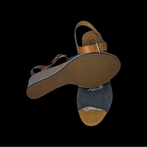 Clarks Collection Sandals Cork Wedge Open Toe Ankle Straps Blue Tan 9.5 - Picture 13 of 16